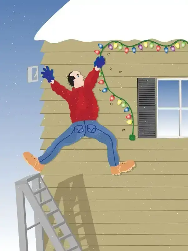 A drawing of a man falling off a ladder handing holiday lights.
