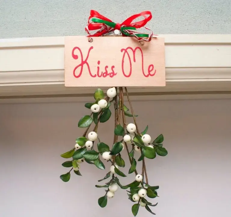 Mistletoe hanging in a doorway with a sign that says, "kiss me."