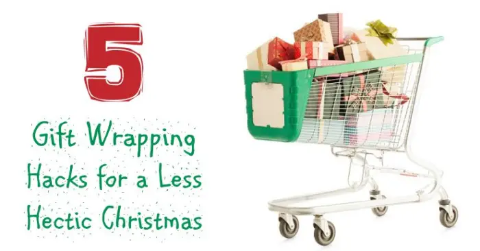 "5 Gift Wrapping Hacks for a Less Hectic Christmas" title next to a shopping cart full of wrapped presents. 