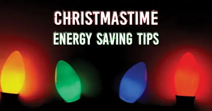 "Christmas Tree Energy Saving Tips" title above holiday lights.