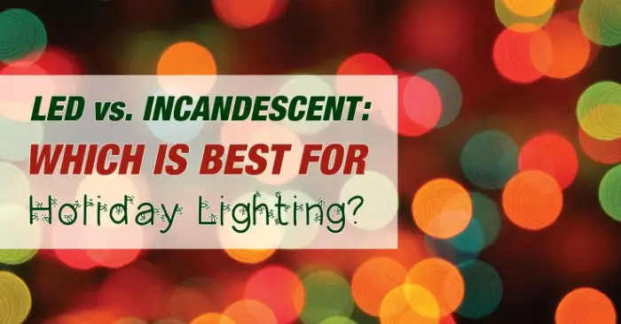 "LED vs. Incandescent": Which is Best for Holiday Lighting" title overlayed on blurred out holiday lights.